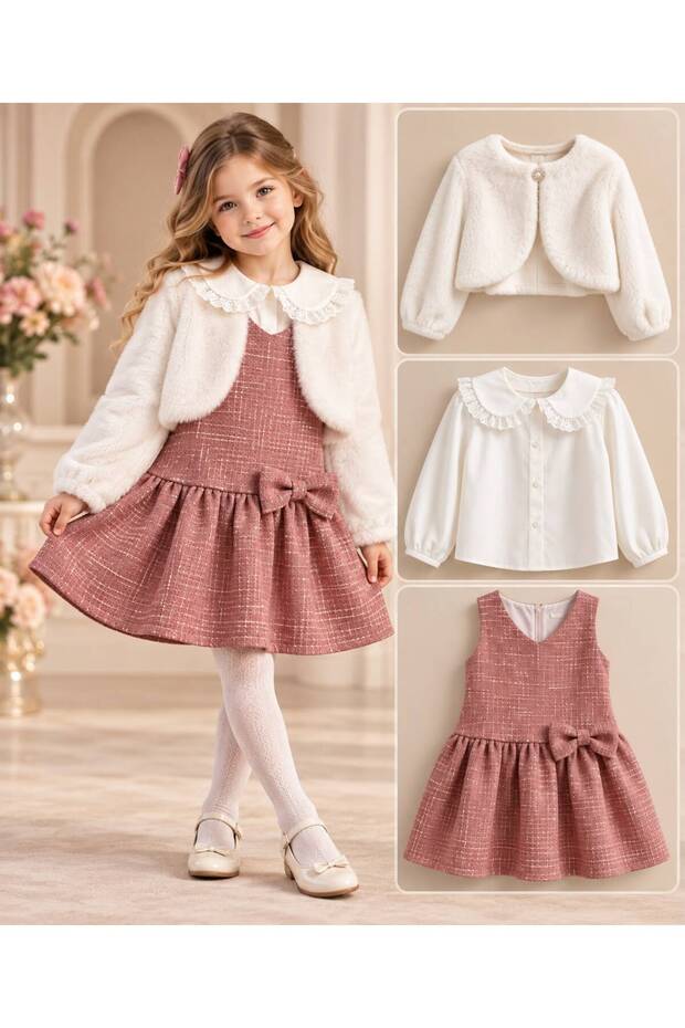 3-Piece Girl's Dress with Bow, Bolero, Collar and Badge, Ages 2-9