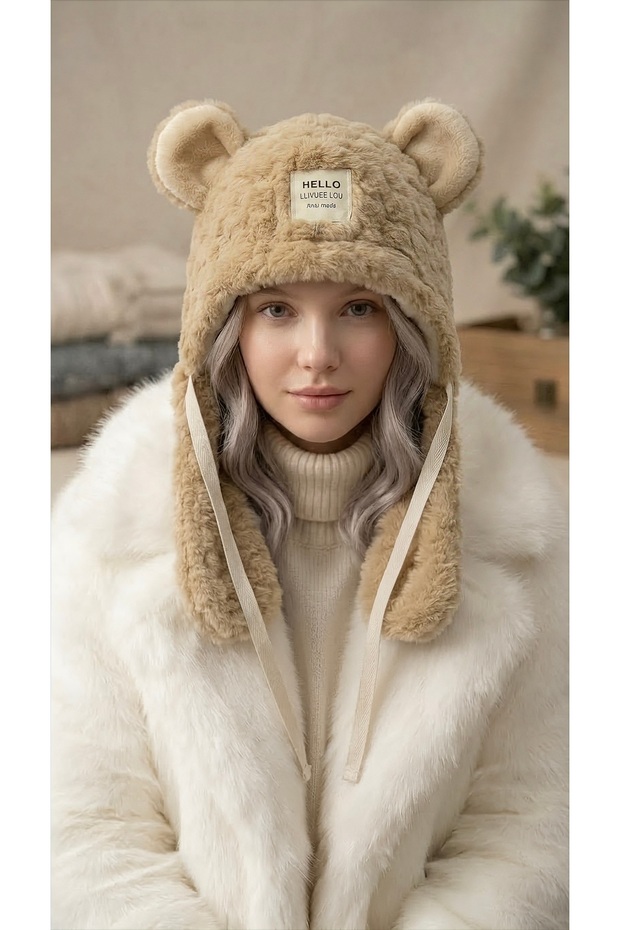 Korean Style Teddy Bear Ear Plush Hat Lace-Up Neck Collar Beanie Thick Winter Women's Hat