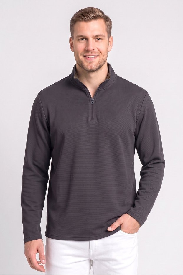 Men High Neck Long Sleeve Textured Sweatshirt, Dark Grey