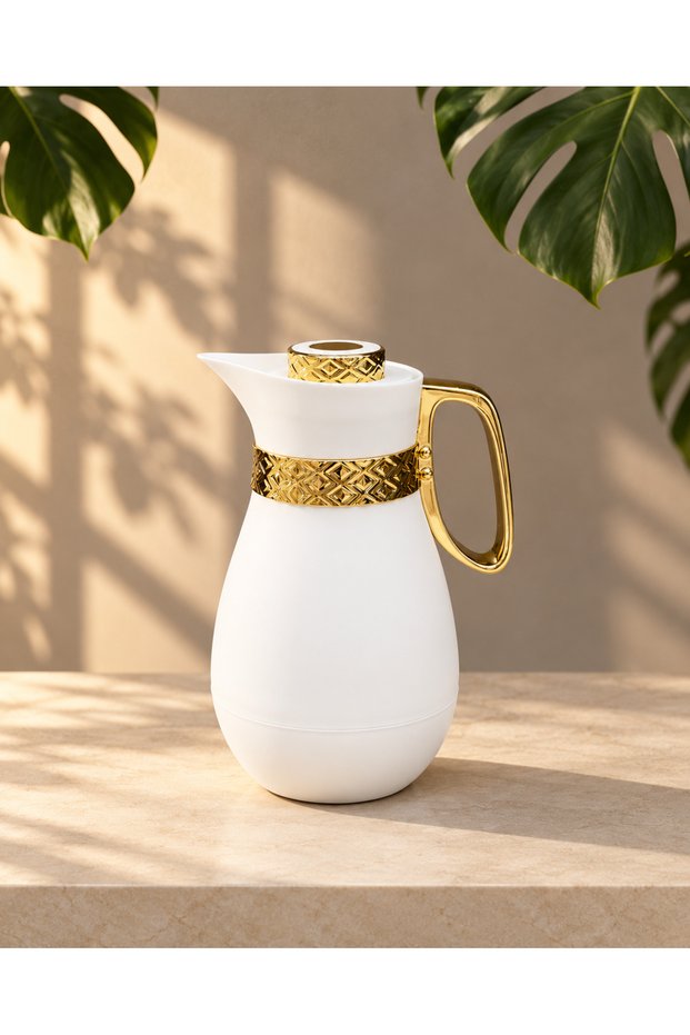 1 L Glass Inner Chamber Polymer Body Jug Thermos Tea Coffee Hot Cold Holder White Gold Detailed