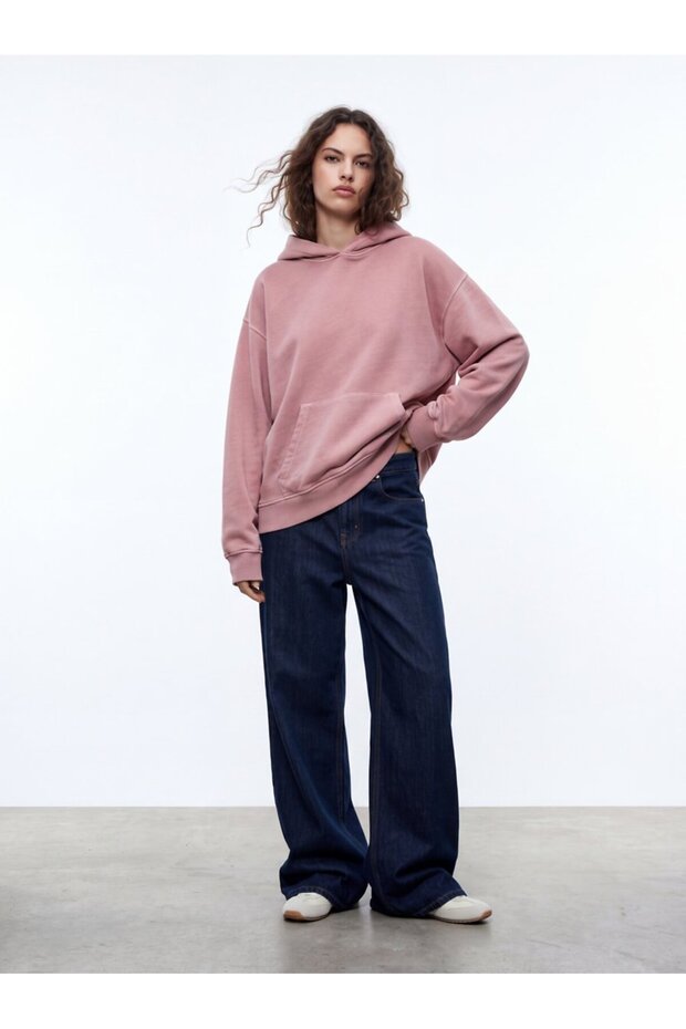 Regular Fit Faded Fabric Hooded Pink Sweatshirt
