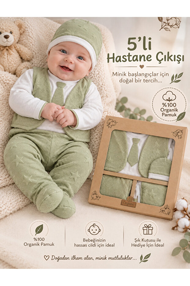 5-Piece Newborn Hospital Discharge Baby Set with Tie and Star Pattern - Boxed - 100% Organic Cotton