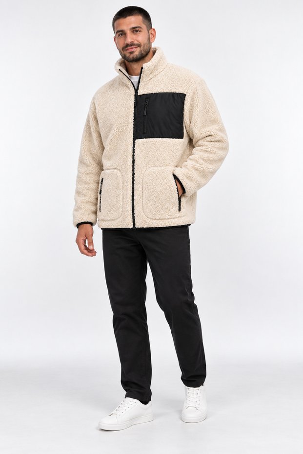 Men's Ecru Color Soft Welsoft Fleece Jacket with Zipper and 3 Pockets
