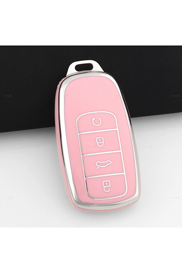 Chery Jaecoo Compatible Tiggo 8 Pro Max, Tiggo 7 Pro Max Avantgarde, Omoda 5 Pro Silver Edge Tpu Key Case Cover (Pink)