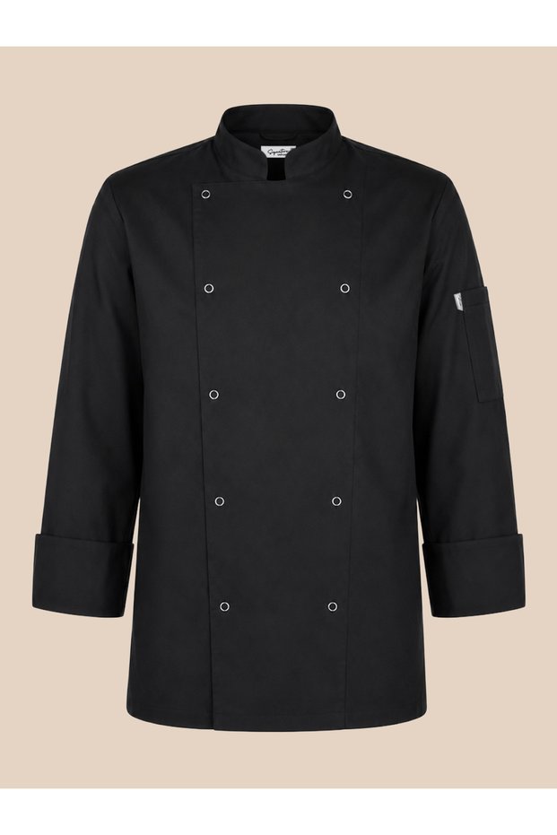 Durable Premium Alpaca Fabric Double-Breasted Men's Chef Jacket with Ring Snaps - Black / White - Name Embroidery Gift