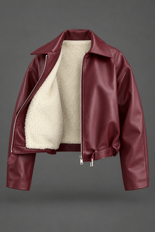 Women's Oversized Leather Jacket Coat with Fur Inside and Buckle Detail for Winter