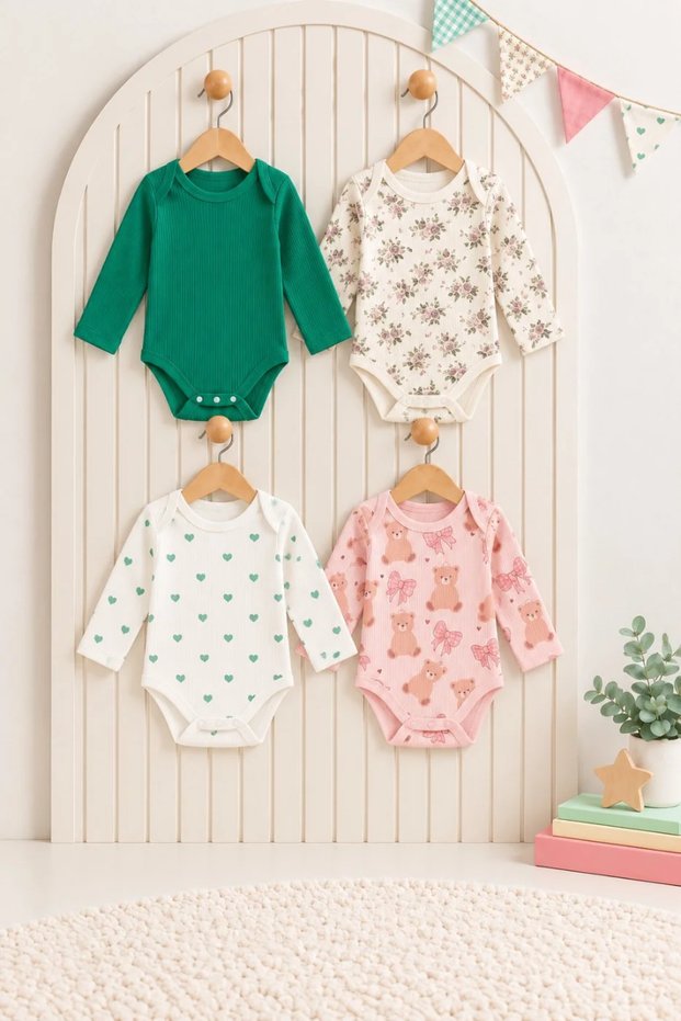 4-Piece Long Sleeve Baby Bodysuit Set, 100% Cotton Snap-On Bodysuit