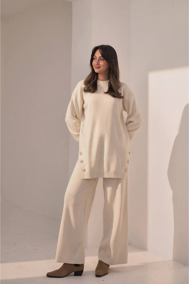 Women's Knitwear Fabric Button Detailed 2-Piece Knitwear Set 8576