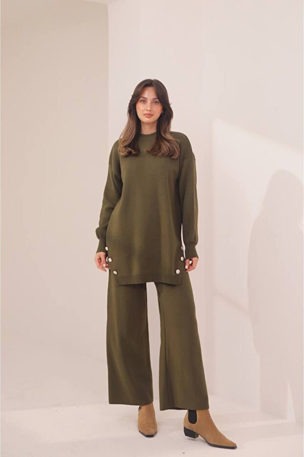 Women's Knitwear Fabric Button Detailed 2-Piece Knitwear Set 8576