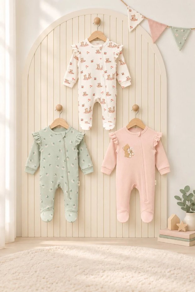 3-Piece Zippered Booties Long Sleeve Baby Romper Set 100% Cotton 0-3 Months