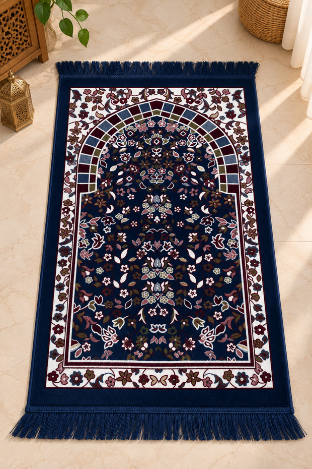Luxurious Velvet Woven Prayer Rug with Soft Texture and Fringes, Ravza Patterned Prayer Mat, Navy Blue