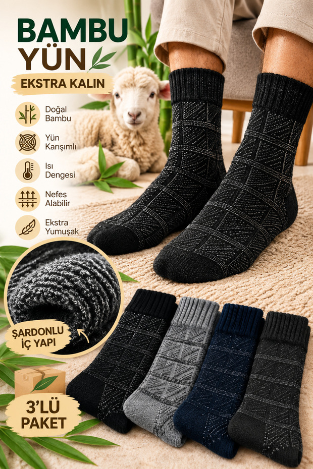 Men's Bamboo Lambswool 3-Piece Sock Set (Extra Thick)