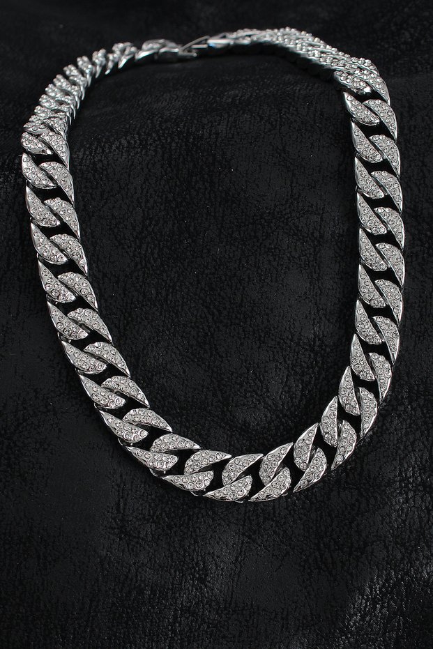 Brass zircon stone cuban gourmet style silver color men's necklace 5886