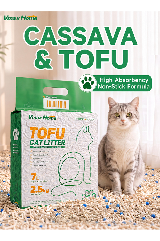 2.5kg, 7L, 1 Pack Cassava and Tofu Cat Litter, Fast Clumping, Low Dust, Odour Control, High Absorbency, Non-Stick Formula for Easy Scooping, Soft on Paws