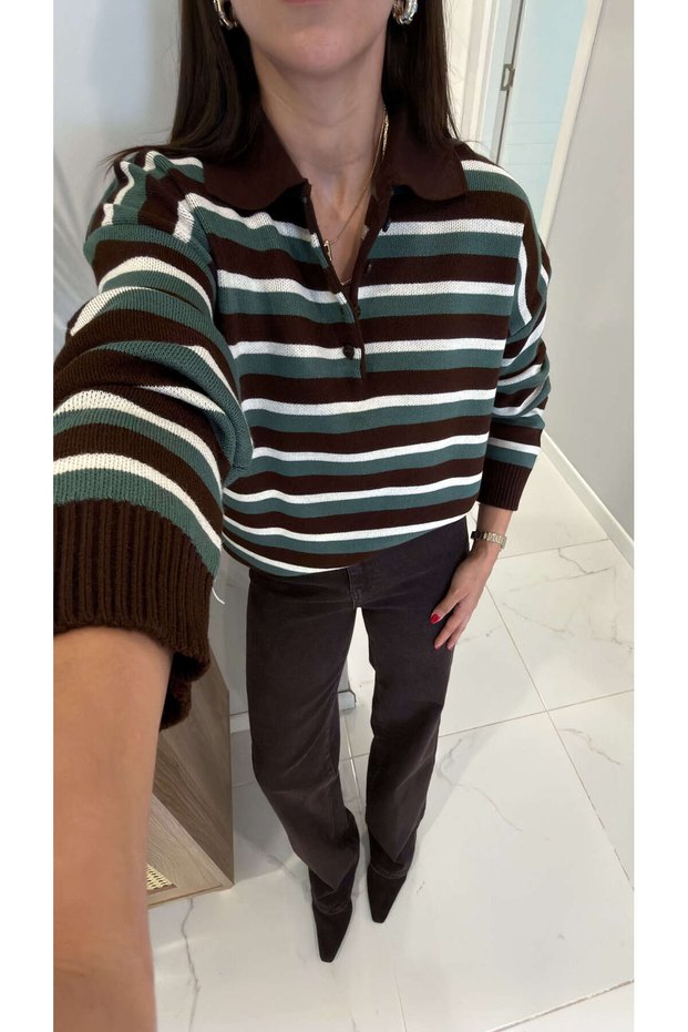 Yosed Brown Green Striped Polo Collar Knitwear