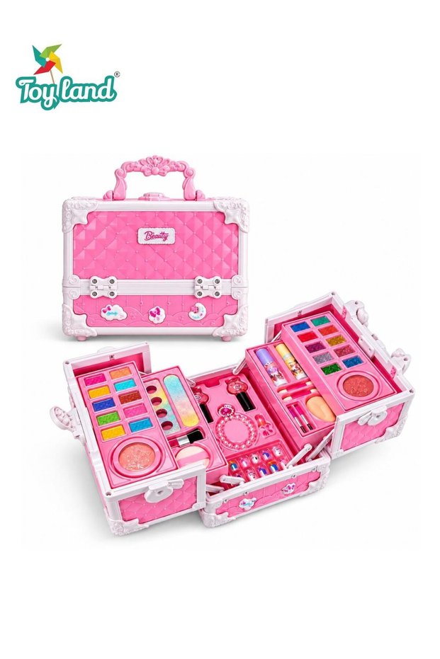 Kids Pretend Makeup Set with Portable Beauty Carry Case, Eyeshadow, Lipstick, Nail Polish, Brushes & Fashion Accessories, Dress-Up Role Play Toy, Ages 3+