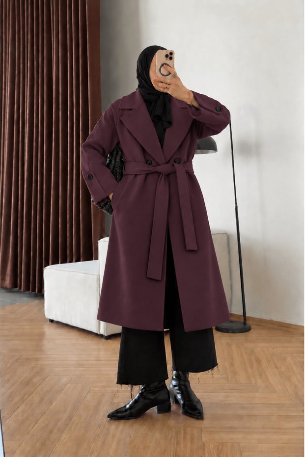 Double-Breasted Collared Belted Coat - 4552 - Plum
