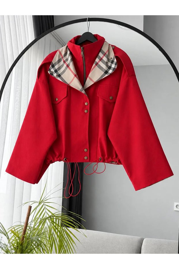 Plaid Detailed Zippered Elastic Short Trench Coat - 0175 - Red