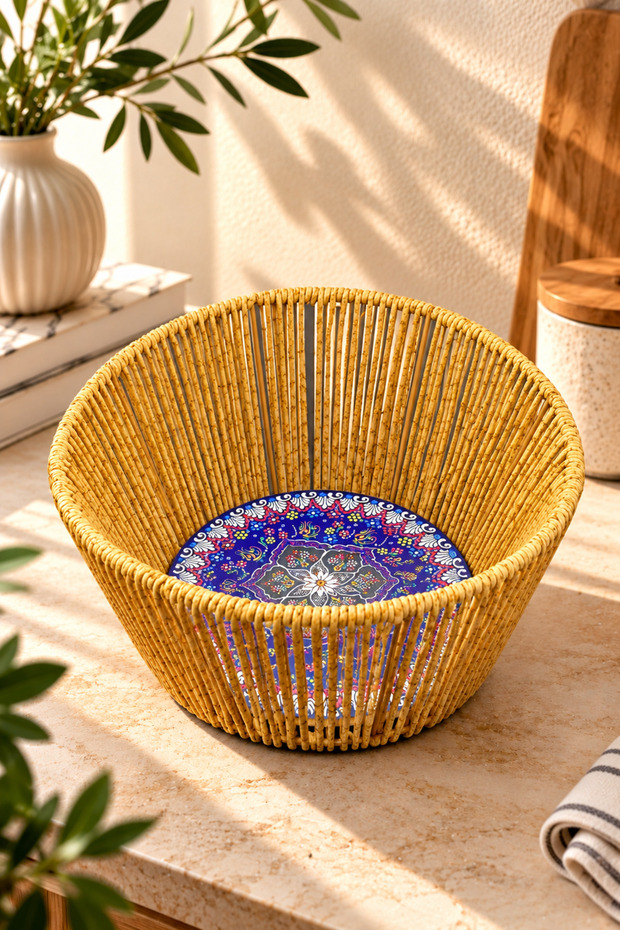 Rattan Round Plastic Tile Pattern Bread Basket Organizer 25*12cm
