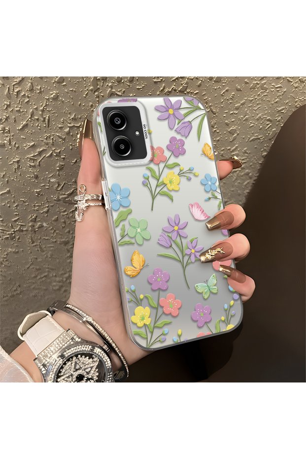 Samsung Galaxy A06 4G/5G Compatible Colorful Flower and Butterfly Case, Shock Absorbing Structure, Matte Texture