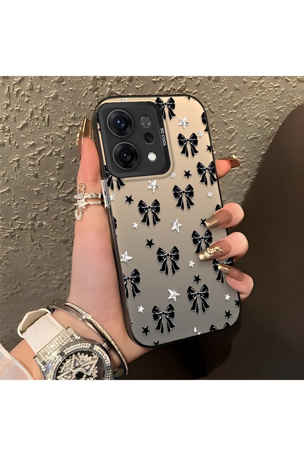 Oppo Reno 14F Compatible Stylish Black Bow Full Print Case, Non-Slip Edge, Anti-Fingerprint