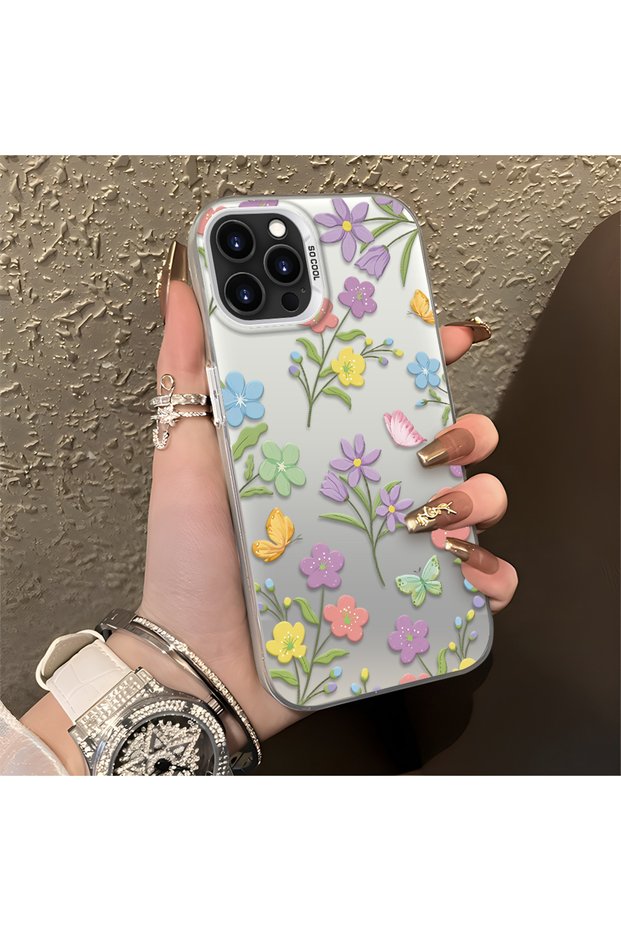 iPhone 13 Pro Max Compatible Colorful Flower and Butterfly Case, Shock Absorbing Structure, Matte Texture