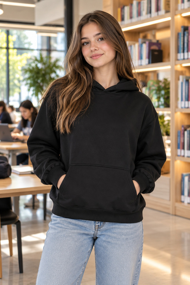 Girls' Hooded Oversized Sweatshirt with Kangaroo Pocket