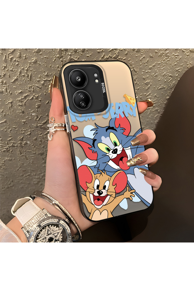 Redmi 13C 4G/5G Compatible Cute Cartoon Cat and Mouse Case, Shock-Absorbing Structure, Matte Texture