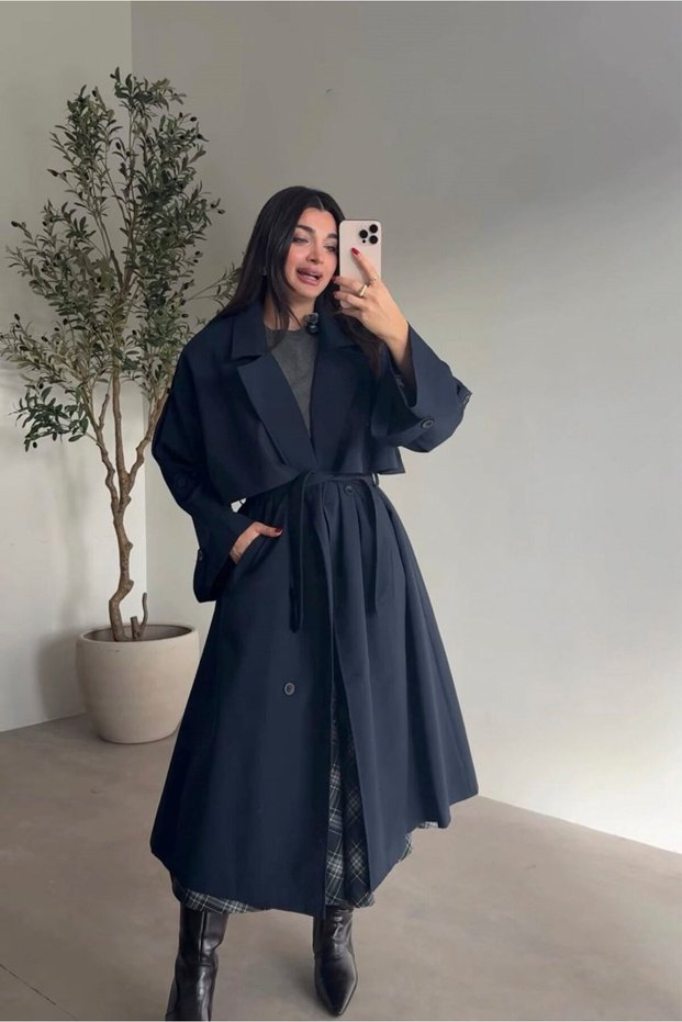 Poliviscose trench coat - navy blue