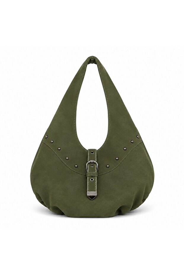 Studded Buckle Half Moon Shaped Suede Women's Shoulder Bag
