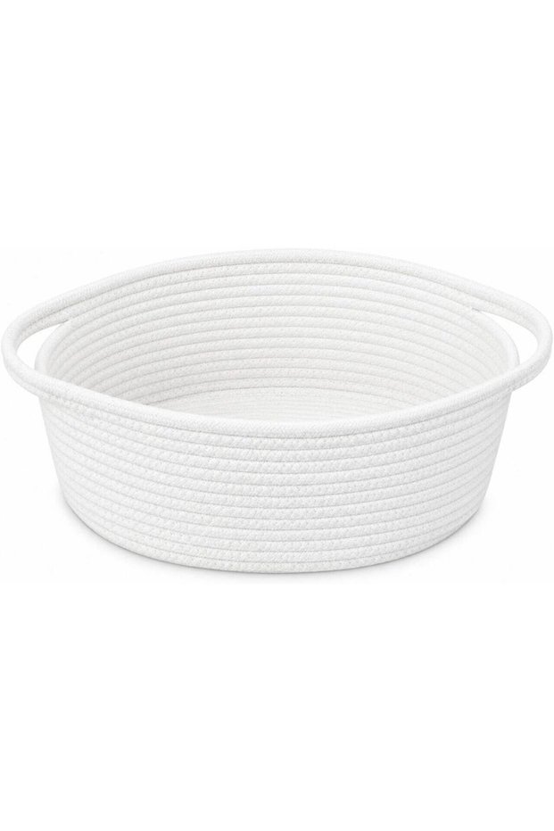Small Woven Basket, 12"x 8" x 5" Shelf Storage Baskets, Cute Rope White Basket Room Storage Chest Box, Dog Toy Cat Basket, Empty Gift Basket with Handles - White
