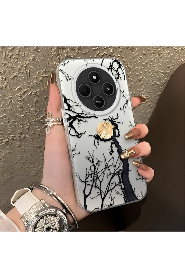 Redmi 14C 4G/5G Compatible Dry Tree and Full Moon Art Case, Shock-Absorbing Structure