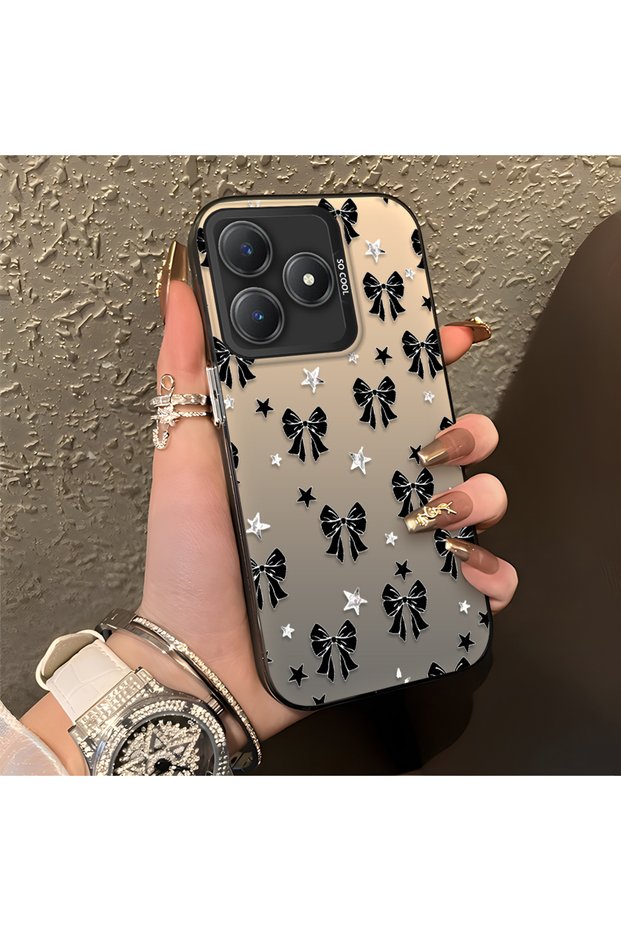 Realme C63 4G/C61 Compatible Stylish Black Bow Full Print Case, Non-Slip Edge, Anti-Fingerprint