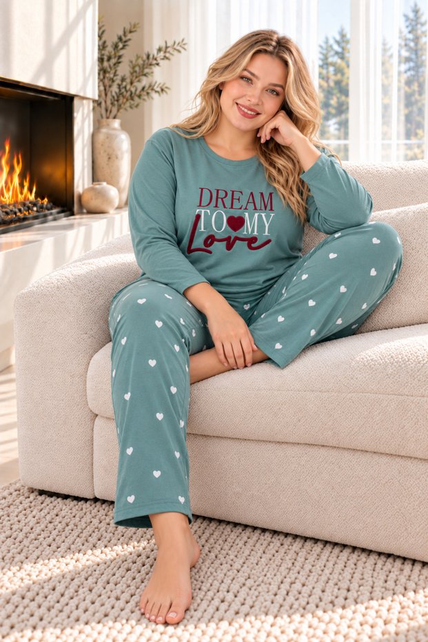 Dream Love Green Sandy Fabric Plus Size Women's Pajamas Set