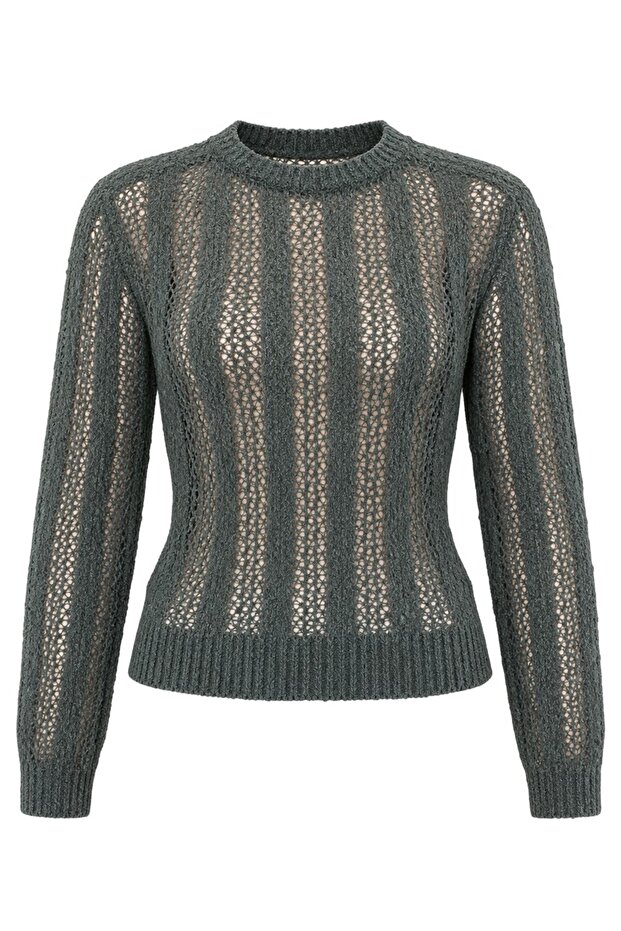 Khaki Crew Neck Openwork Knitwear Blouse - 2Y4413