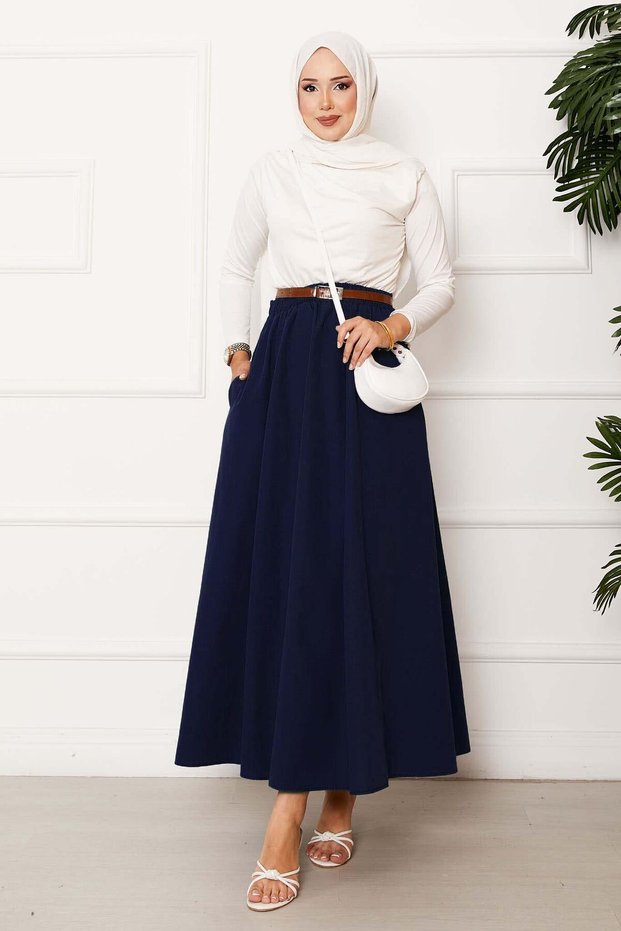Pocket Detailed Sports Terry Cotton Skirt Petrol Blue