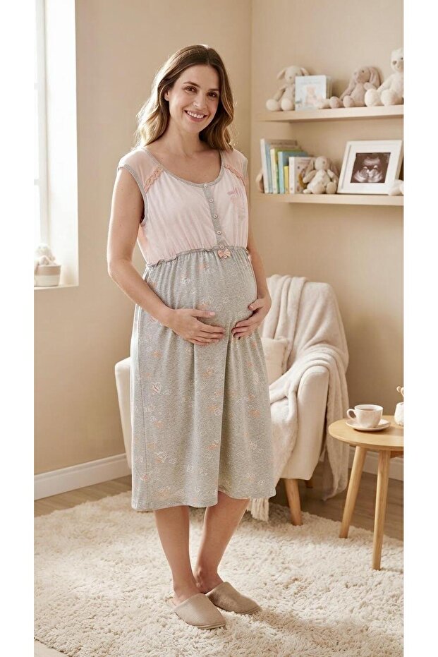 Rm 15367 Gray Salmon Cloud Patterned Strappy Maternity Nightgown
