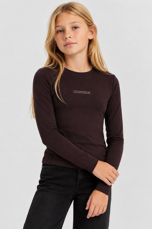 Girl Child 10-14 Years Old Stone Embroidered Long Sleeve Bodysuit Bitter Brown