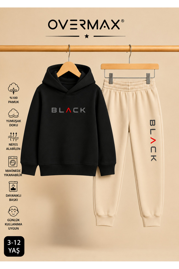 Children's Hooded Black Printed Tracksuit Set – Ages 3-12