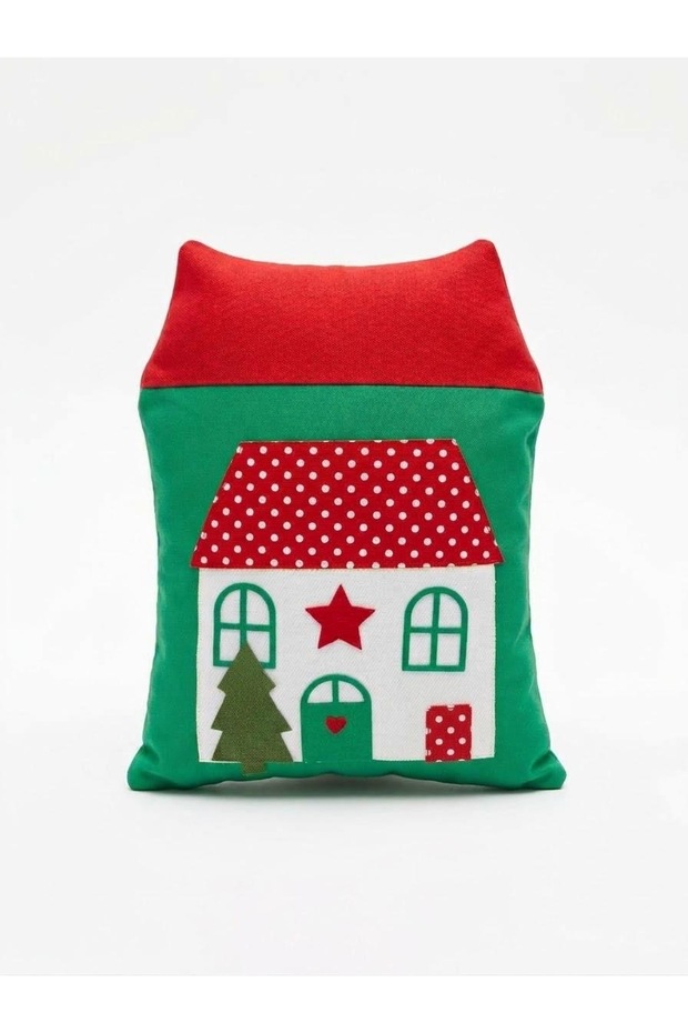 Decorative Filled Pillow with House Figure Appliqué – 21 × 27 cm – Inner Filling Included
