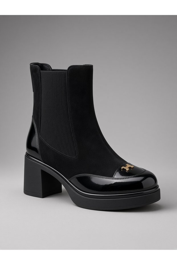 Kemal Aygün-Mammamia Women's Chelsea Boots | Patent Leather Toe Cap Gold H Detail 7 cm Heel 15 cm Heel