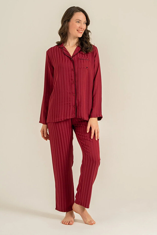 Women's Striped Satin Long Sleeve Pajama Set Burgundy