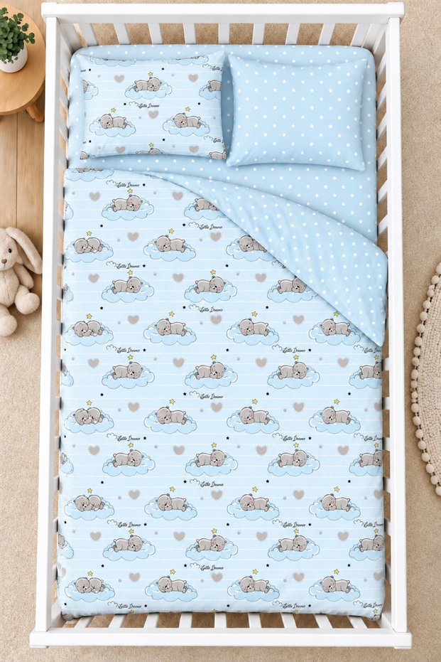 Blue Teddy 100% Cotton Ranforce Baby Duvet Cover Set