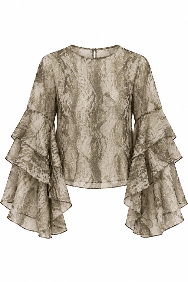 Khaki Transparent Snake Skin Patterned Flounce Blouse - 8696