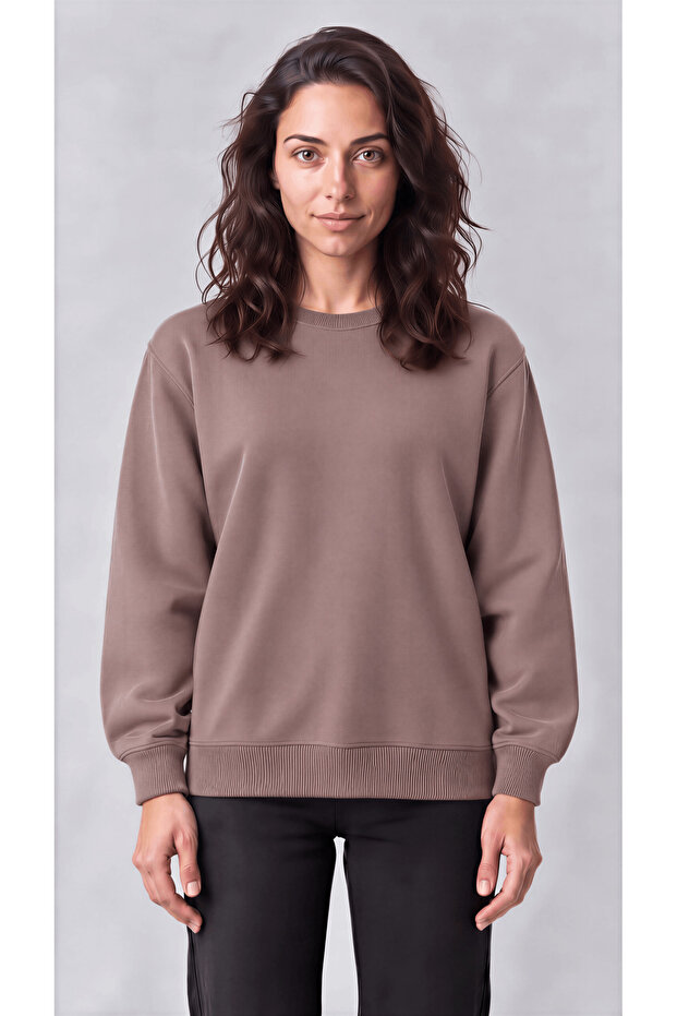 Women's Brown Crew Neck Soft Puff Fabric Casual Comfortable Sweatshirt