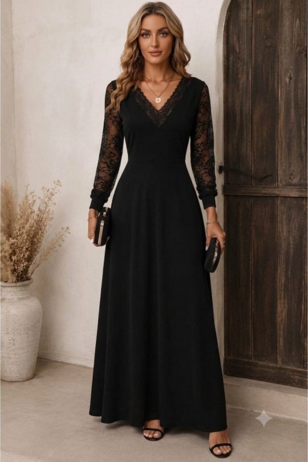 Women's long sleeve v-neck ruched long janjan crepe dress