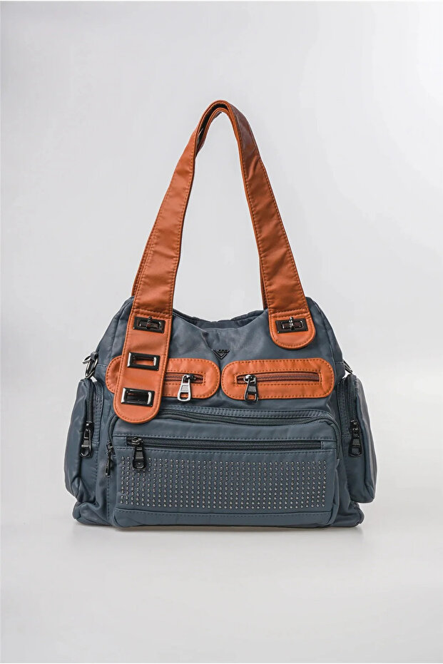 Women's Washed Leather Shoulder Bag Large Size Multi-Compartment Zippered Hand and Shoulder Bag Blue 18163