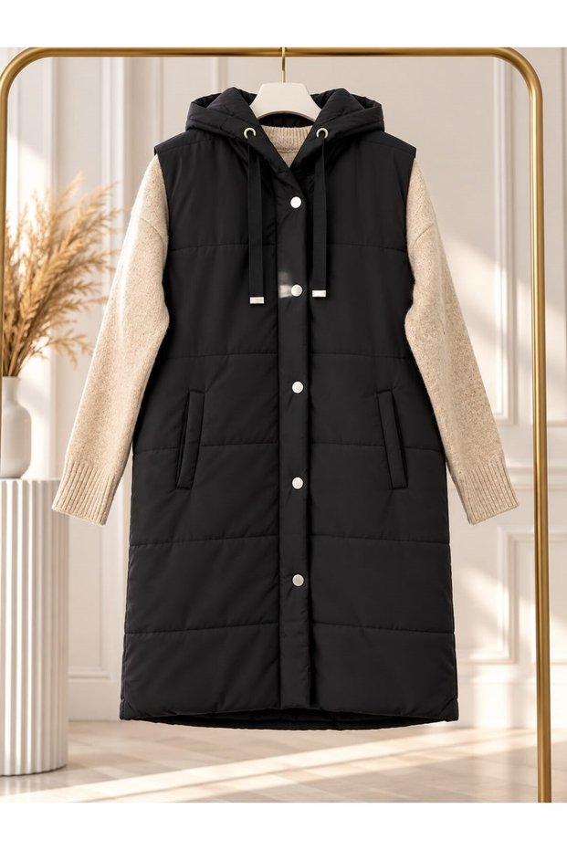 Women's Hijab Hooded Zippered Inflatable Vest with Snap Detail Black