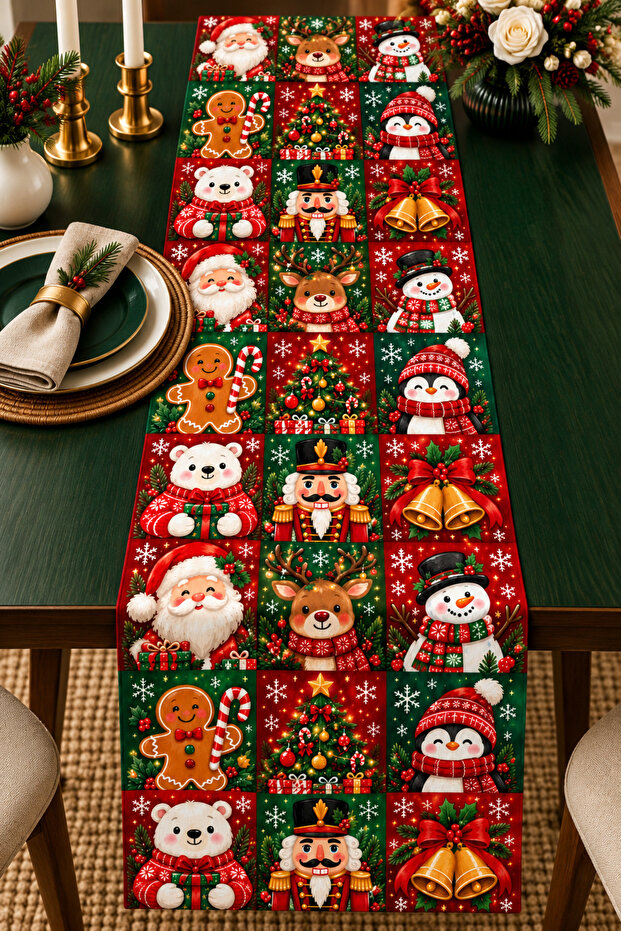 Christmas Themed Runner Tablecloth – Decorative Runner with Santa Claus, Deer, and Snowman Patterns 40X140 cm