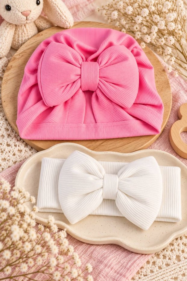 Bow-Tied Baby Pink Bonnet and White Bandana Set of 2